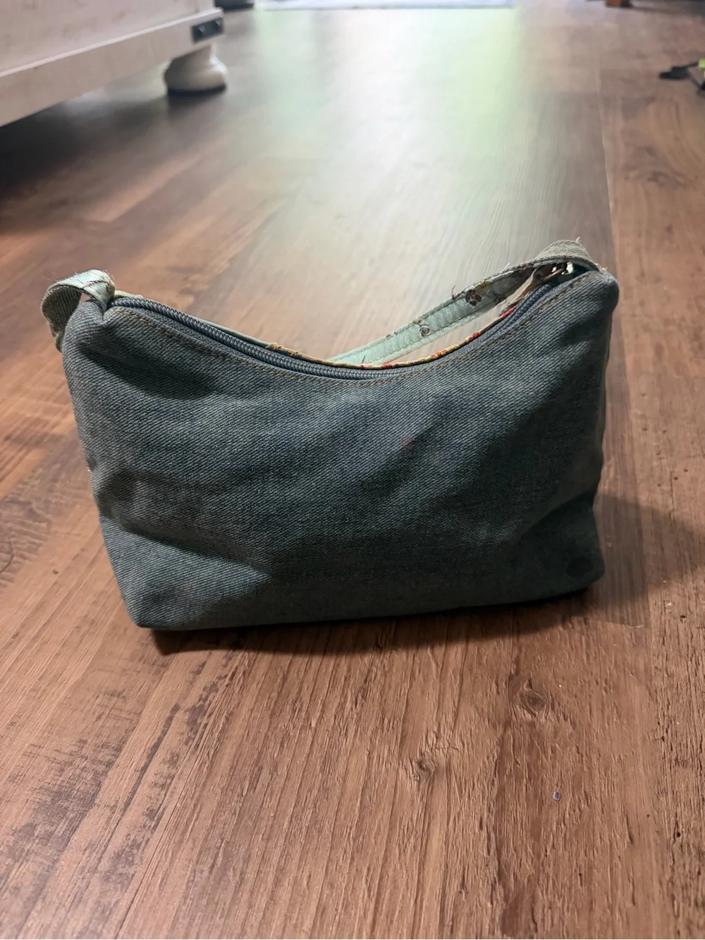 Patchwork Heart Denim Bag in Sage Green and gold accent colors.